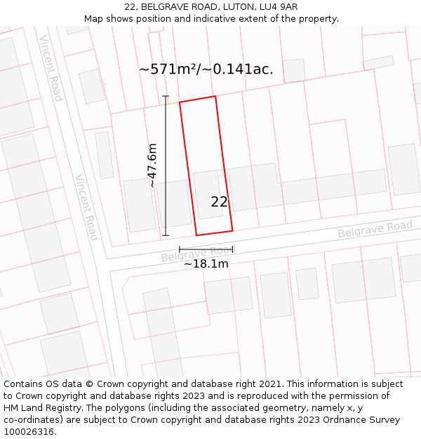 22, BELGRAVE ROAD, LUTON, LU4 9AR: Plot and title map