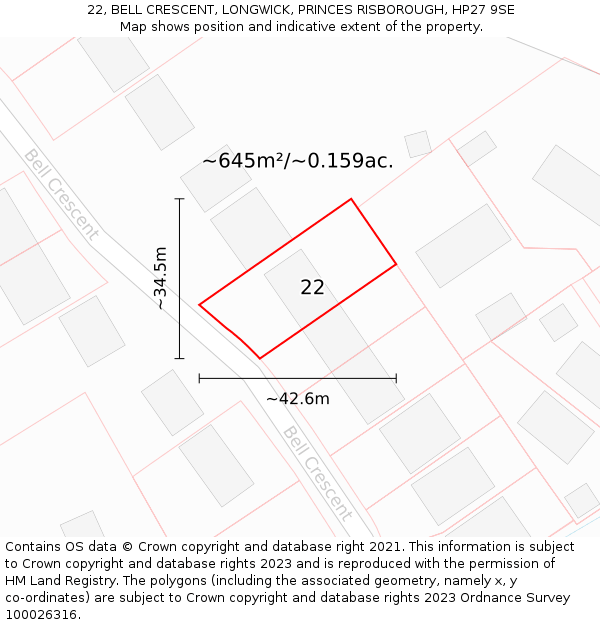 22, BELL CRESCENT, LONGWICK, PRINCES RISBOROUGH, HP27 9SE: Plot and title map