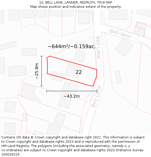 22, BELL LANE, LANNER, REDRUTH, TR16 6AP: Plot and title map