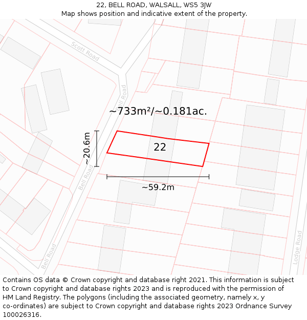 22, BELL ROAD, WALSALL, WS5 3JW: Plot and title map