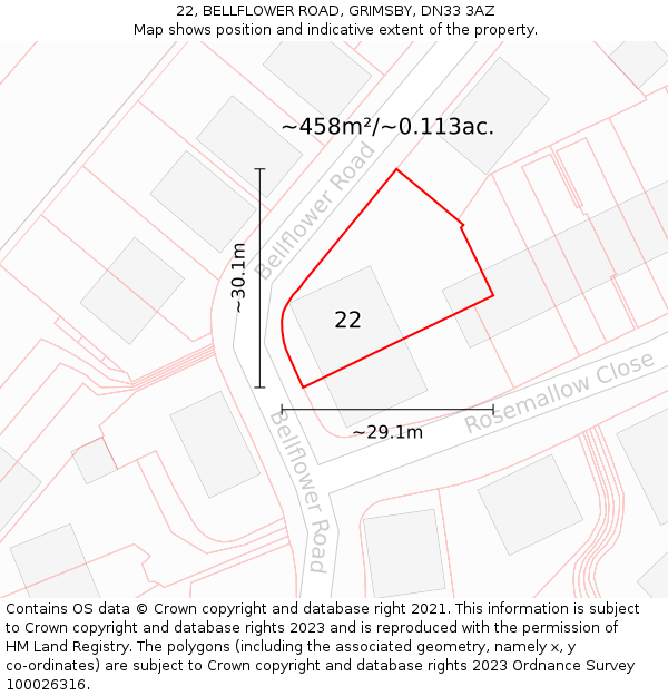 22, BELLFLOWER ROAD, GRIMSBY, DN33 3AZ: Plot and title map