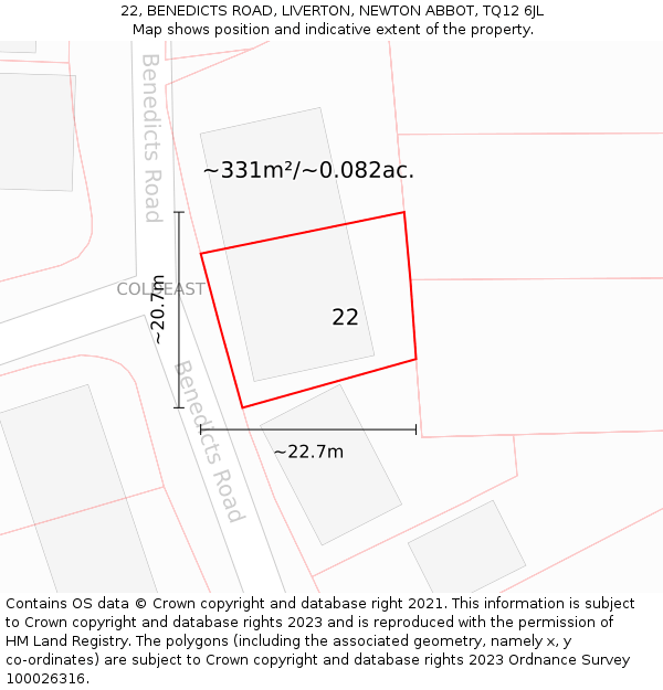 22, BENEDICTS ROAD, LIVERTON, NEWTON ABBOT, TQ12 6JL: Plot and title map