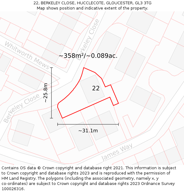 22, BERKELEY CLOSE, HUCCLECOTE, GLOUCESTER, GL3 3TG: Plot and title map