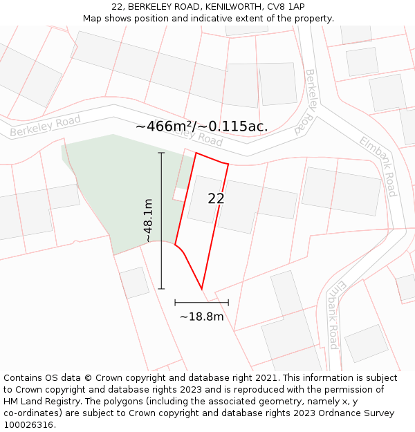 22, BERKELEY ROAD, KENILWORTH, CV8 1AP: Plot and title map
