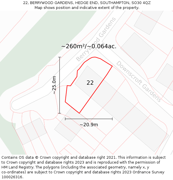 22, BERRYWOOD GARDENS, HEDGE END, SOUTHAMPTON, SO30 4QZ: Plot and title map