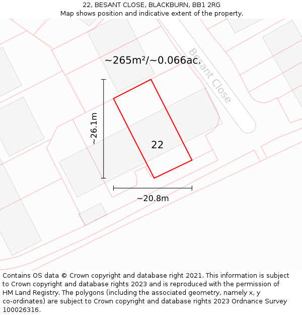22, BESANT CLOSE, BLACKBURN, BB1 2RG: Plot and title map