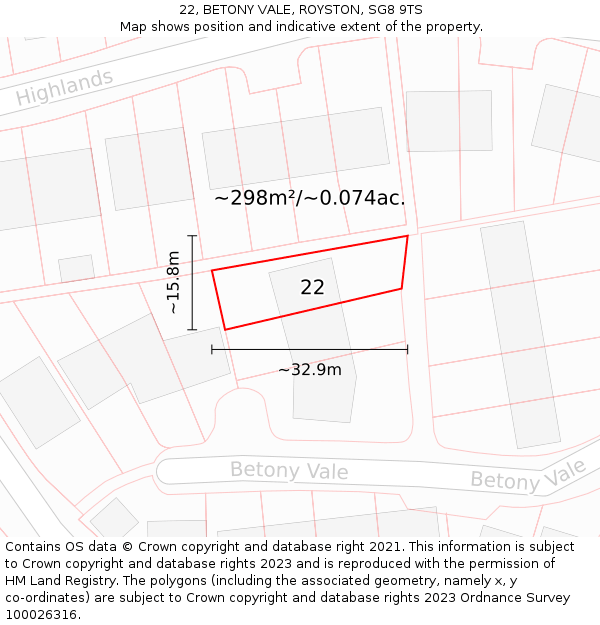 22, BETONY VALE, ROYSTON, SG8 9TS: Plot and title map