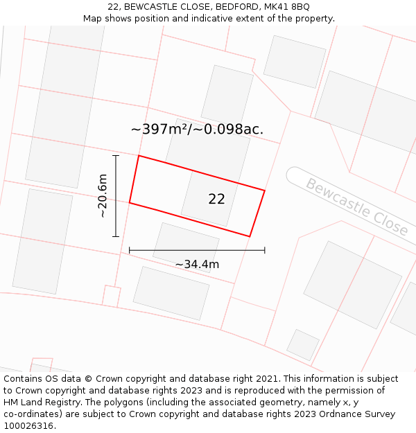 22, BEWCASTLE CLOSE, BEDFORD, MK41 8BQ: Plot and title map