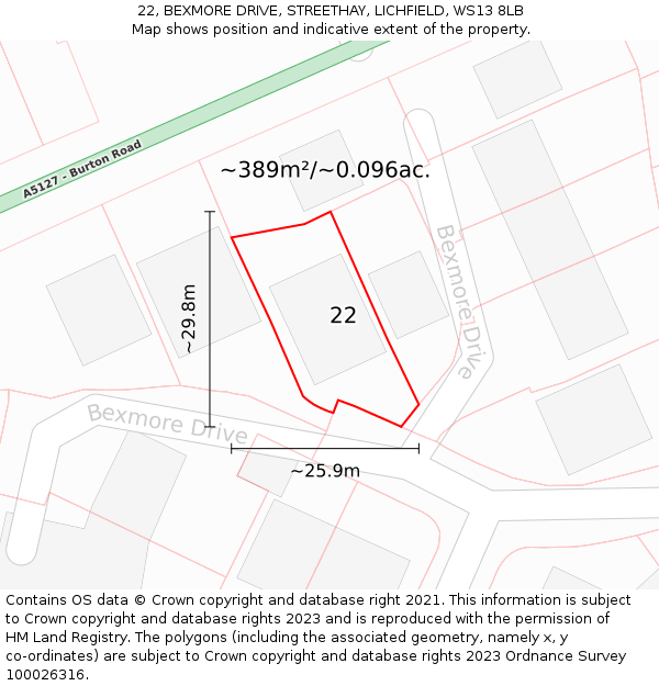 22, BEXMORE DRIVE, STREETHAY, LICHFIELD, WS13 8LB: Plot and title map