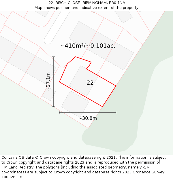22, BIRCH CLOSE, BIRMINGHAM, B30 1NA: Plot and title map