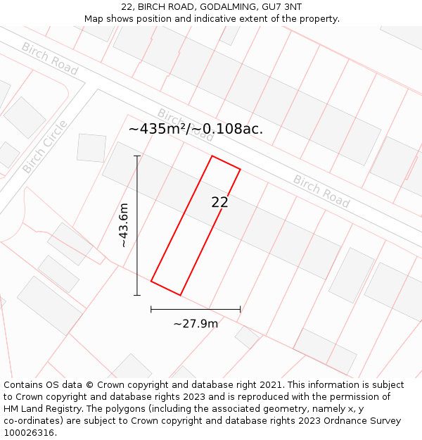 22, BIRCH ROAD, GODALMING, GU7 3NT: Plot and title map