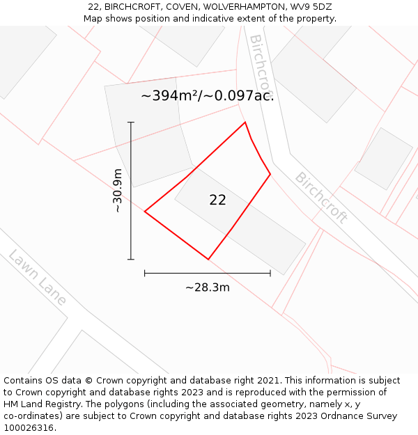 22, BIRCHCROFT, COVEN, WOLVERHAMPTON, WV9 5DZ: Plot and title map