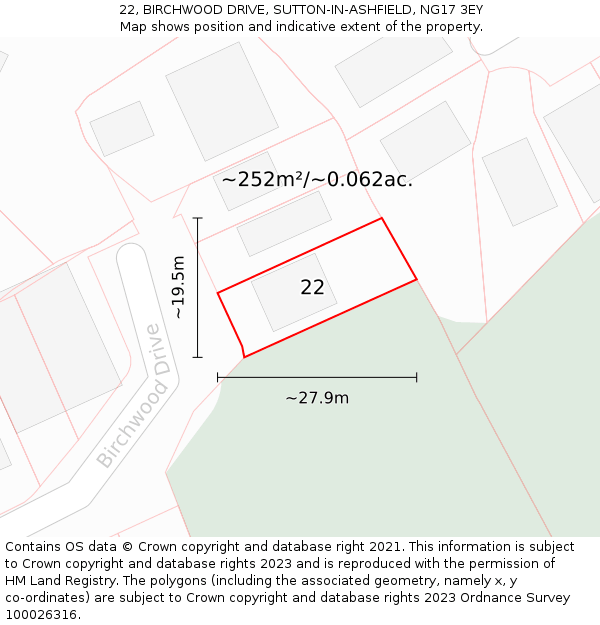 22, BIRCHWOOD DRIVE, SUTTON-IN-ASHFIELD, NG17 3EY: Plot and title map