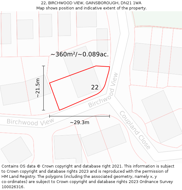 22, BIRCHWOOD VIEW, GAINSBOROUGH, DN21 1WA: Plot and title map