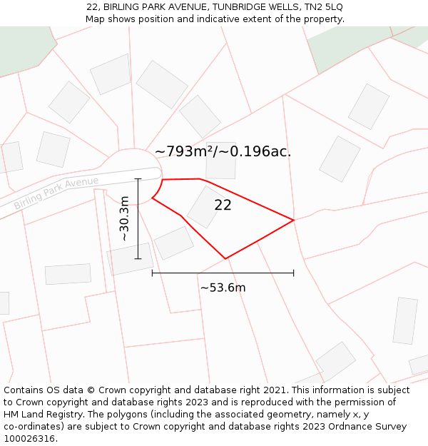 22, BIRLING PARK AVENUE, TUNBRIDGE WELLS, TN2 5LQ: Plot and title map