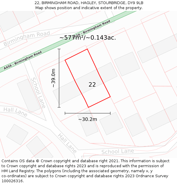 22, BIRMINGHAM ROAD, HAGLEY, STOURBRIDGE, DY9 9LB: Plot and title map