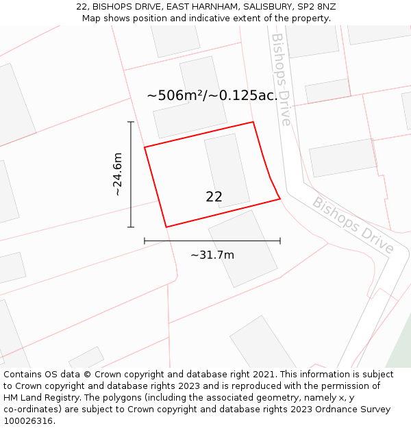 22, BISHOPS DRIVE, EAST HARNHAM, SALISBURY, SP2 8NZ: Plot and title map