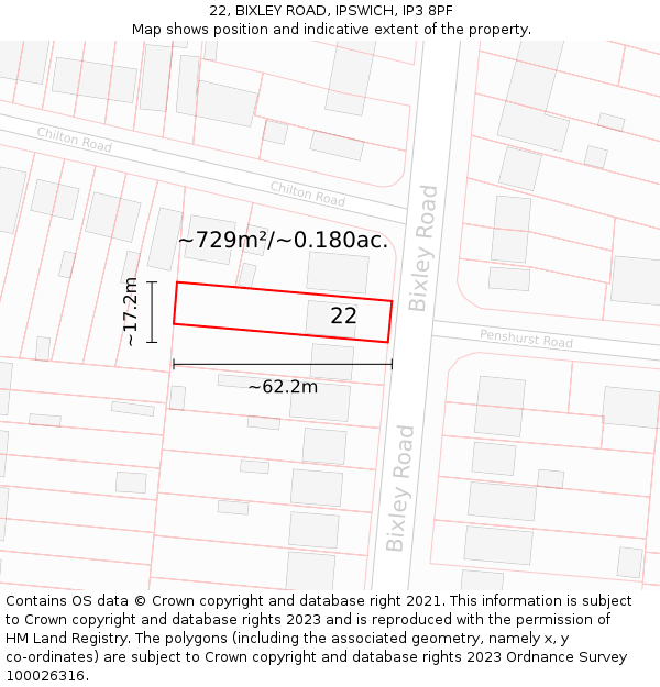 22, BIXLEY ROAD, IPSWICH, IP3 8PF: Plot and title map