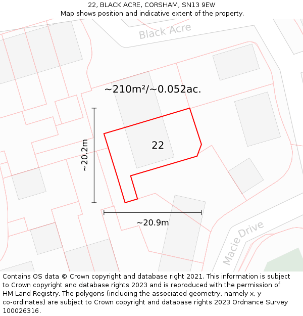 22, BLACK ACRE, CORSHAM, SN13 9EW: Plot and title map
