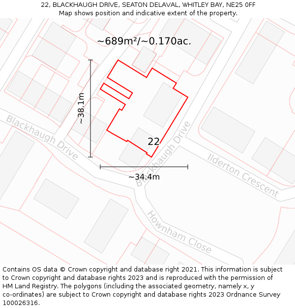 22, BLACKHAUGH DRIVE, SEATON DELAVAL, WHITLEY BAY, NE25 0FF: Plot and title map