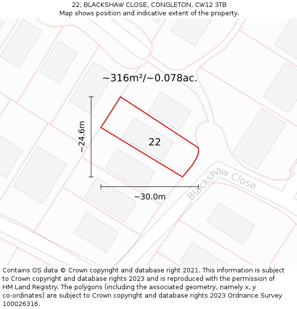 22, BLACKSHAW CLOSE, CONGLETON, CW12 3TB: Plot and title map
