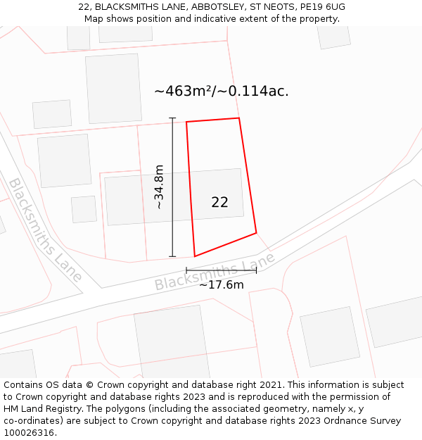 22, BLACKSMITHS LANE, ABBOTSLEY, ST NEOTS, PE19 6UG: Plot and title map