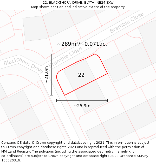 22, BLACKTHORN DRIVE, BLYTH, NE24 3XW: Plot and title map