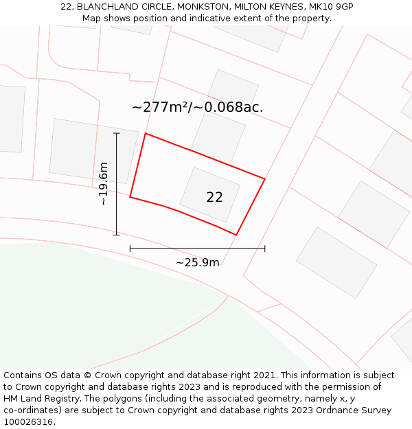 22, BLANCHLAND CIRCLE, MONKSTON, MILTON KEYNES, MK10 9GP: Plot and title map