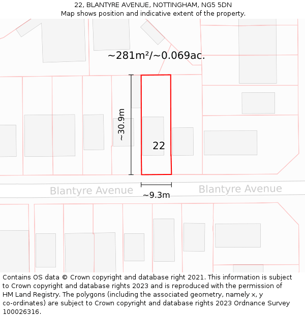22, BLANTYRE AVENUE, NOTTINGHAM, NG5 5DN: Plot and title map