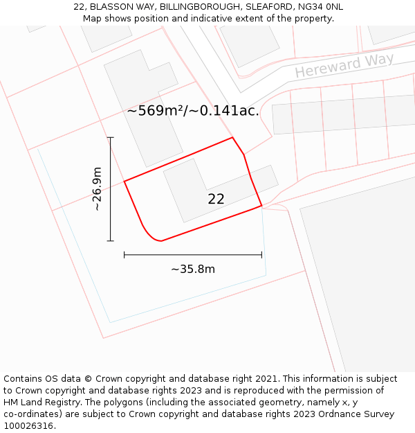 22, BLASSON WAY, BILLINGBOROUGH, SLEAFORD, NG34 0NL: Plot and title map