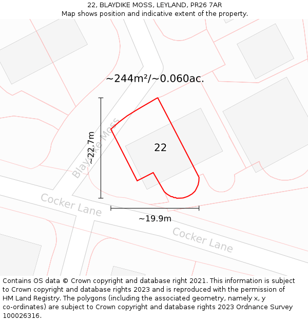 22, BLAYDIKE MOSS, LEYLAND, PR26 7AR: Plot and title map