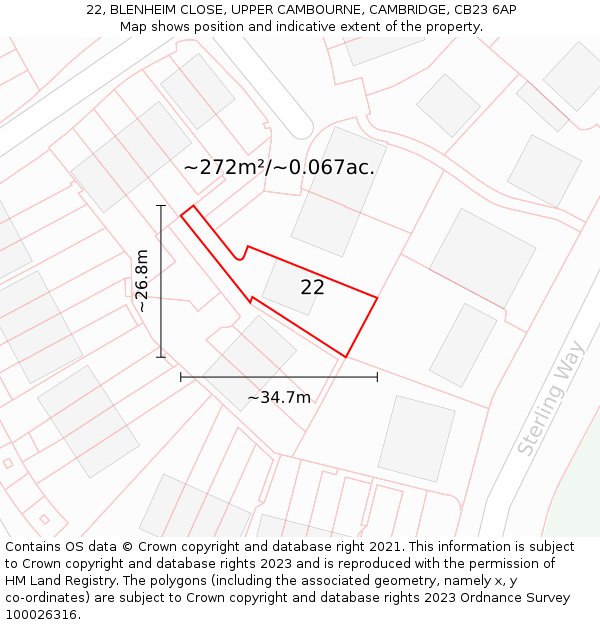 22, BLENHEIM CLOSE, UPPER CAMBOURNE, CAMBRIDGE, CB23 6AP: Plot and title map