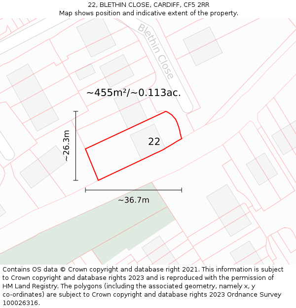 22, BLETHIN CLOSE, CARDIFF, CF5 2RR: Plot and title map