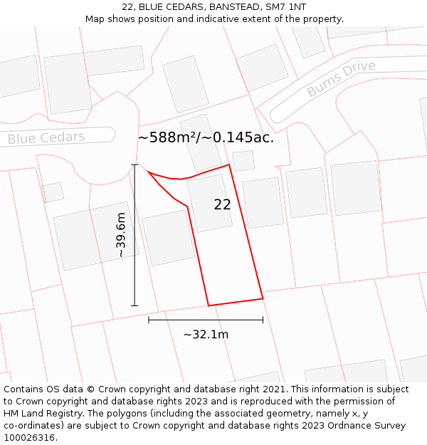 22, BLUE CEDARS, BANSTEAD, SM7 1NT: Plot and title map