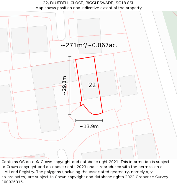 22, BLUEBELL CLOSE, BIGGLESWADE, SG18 8SL: Plot and title map