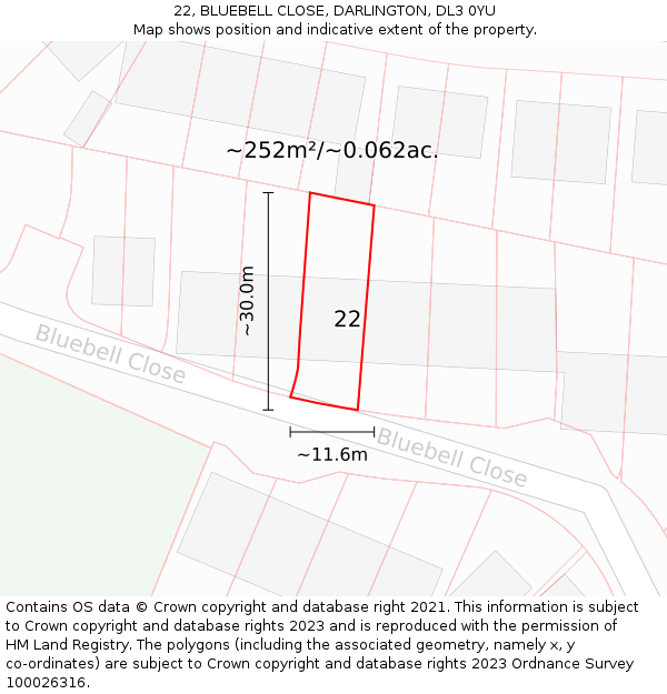 22, BLUEBELL CLOSE, DARLINGTON, DL3 0YU: Plot and title map