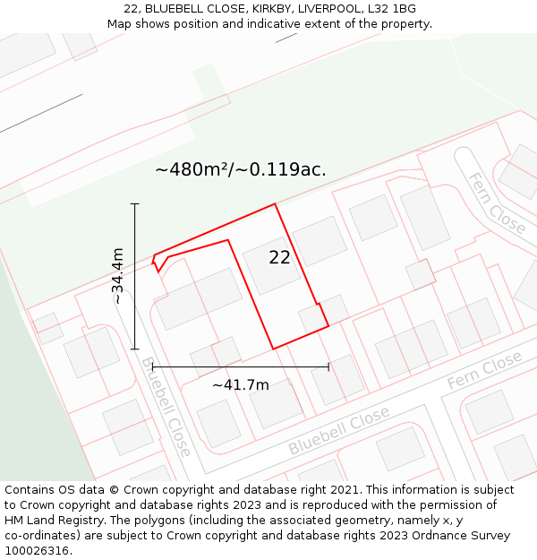 22, BLUEBELL CLOSE, KIRKBY, LIVERPOOL, L32 1BG: Plot and title map