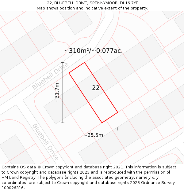 22, BLUEBELL DRIVE, SPENNYMOOR, DL16 7YF: Plot and title map
