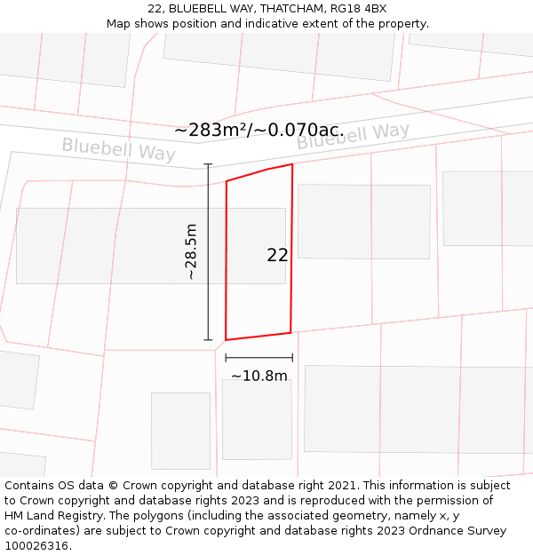 22, BLUEBELL WAY, THATCHAM, RG18 4BX: Plot and title map