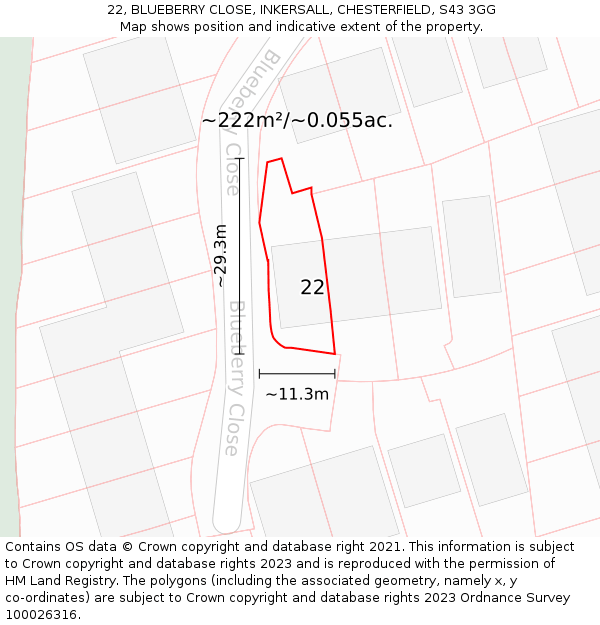 22, BLUEBERRY CLOSE, INKERSALL, CHESTERFIELD, S43 3GG: Plot and title map