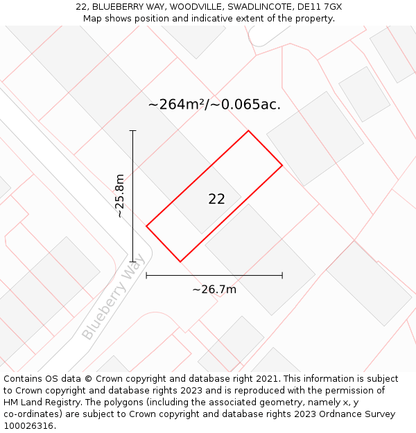 22, BLUEBERRY WAY, WOODVILLE, SWADLINCOTE, DE11 7GX: Plot and title map