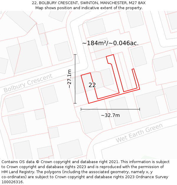 22, BOLBURY CRESCENT, SWINTON, MANCHESTER, M27 8AX: Plot and title map