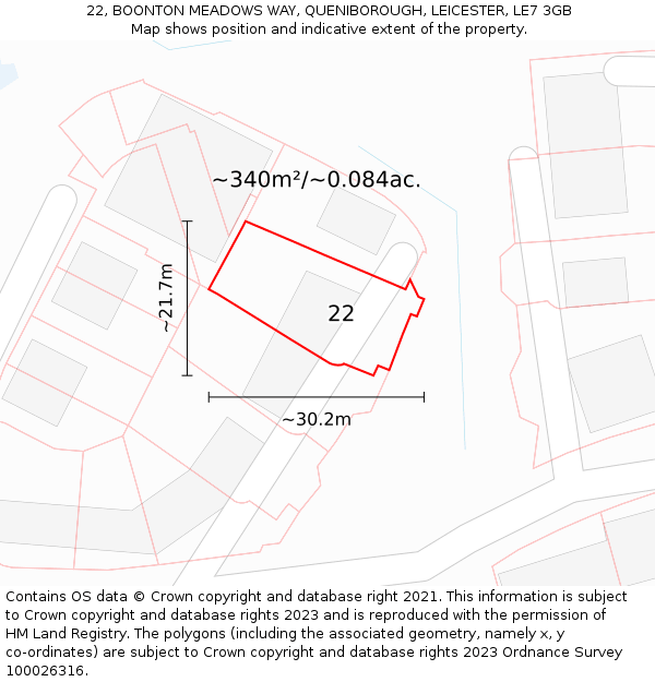 22, BOONTON MEADOWS WAY, QUENIBOROUGH, LEICESTER, LE7 3GB: Plot and title map