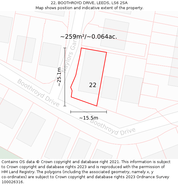 22, BOOTHROYD DRIVE, LEEDS, LS6 2SA: Plot and title map