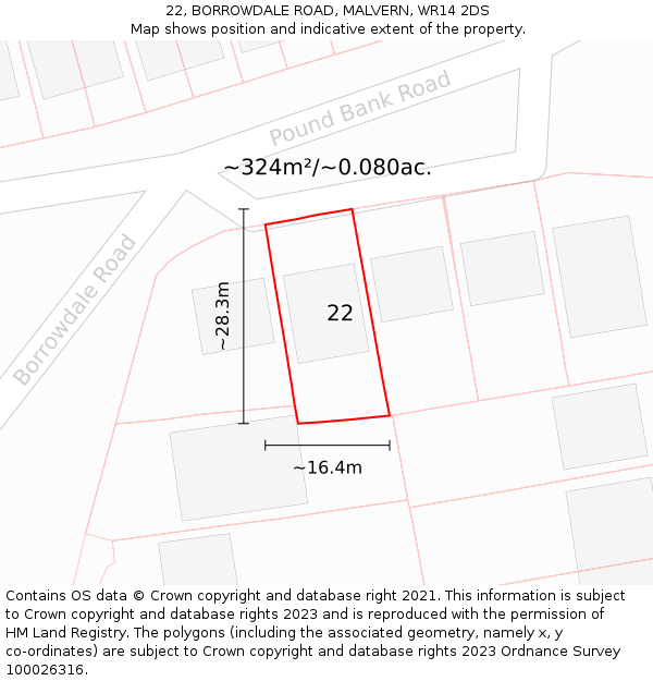 22, BORROWDALE ROAD, MALVERN, WR14 2DS: Plot and title map