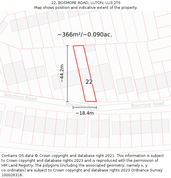 22, BOSMORE ROAD, LUTON, LU3 2TS: Plot and title map