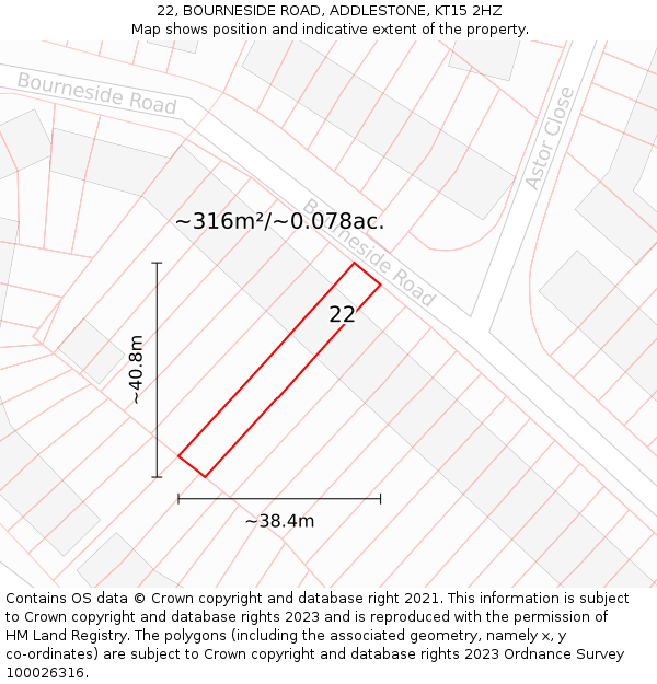 22, BOURNESIDE ROAD, ADDLESTONE, KT15 2HZ: Plot and title map