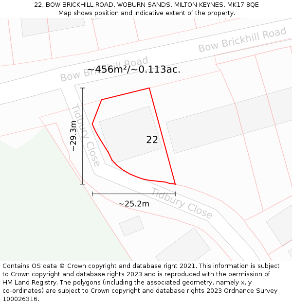 22, BOW BRICKHILL ROAD, WOBURN SANDS, MILTON KEYNES, MK17 8QE: Plot and title map