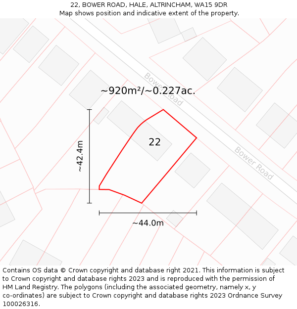 22, BOWER ROAD, HALE, ALTRINCHAM, WA15 9DR: Plot and title map
