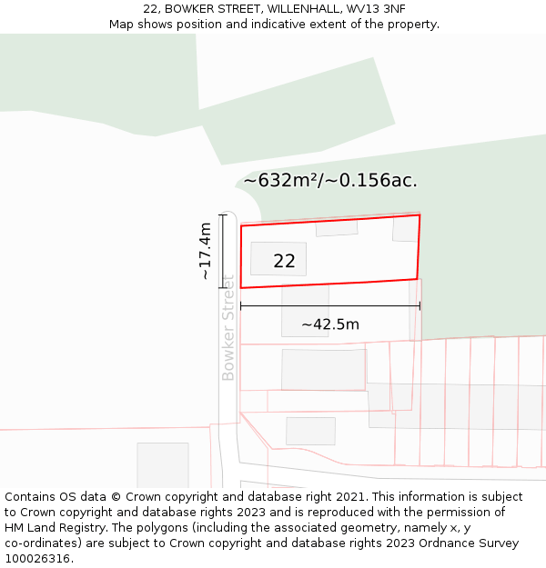 22, BOWKER STREET, WILLENHALL, WV13 3NF: Plot and title map